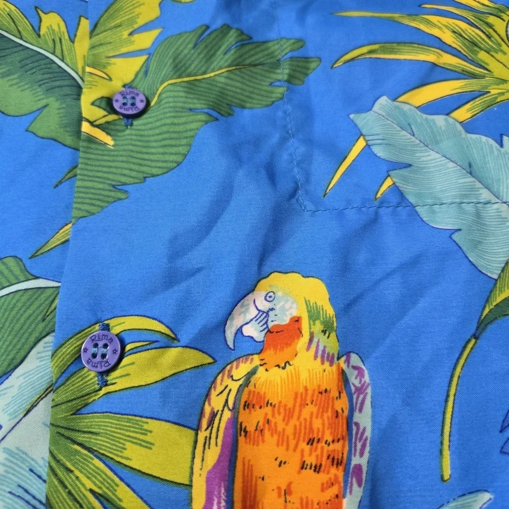 Rima Beach Lg Hawaiian Shirt Blue‎ Parrot Floral Tropical Camp Aloha Terivoile